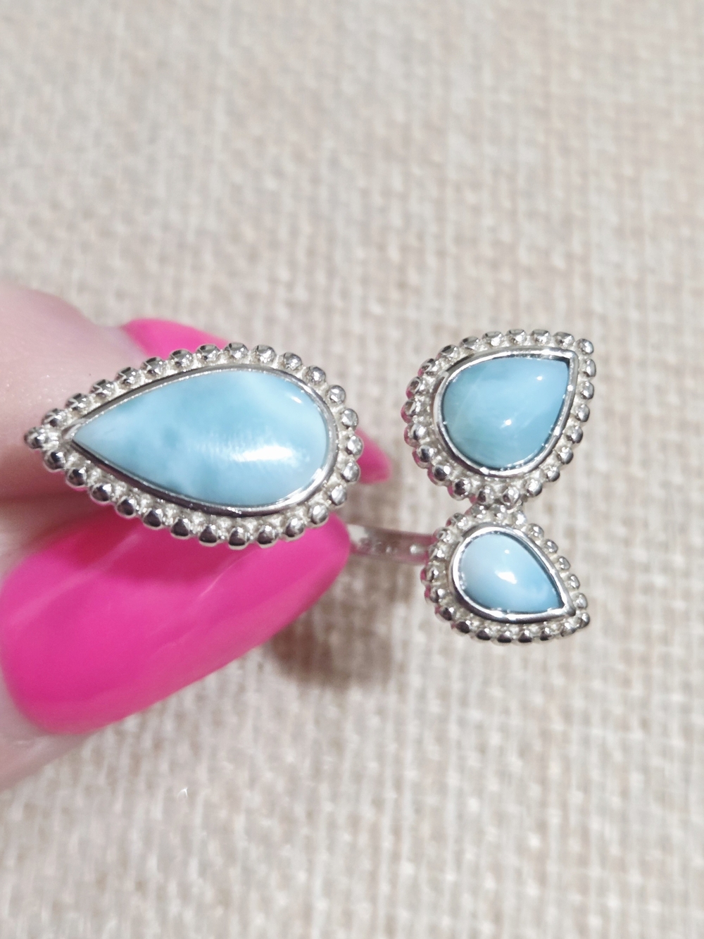 Blue Teardrop Sterling Ring - Adjustable Larimar-Style